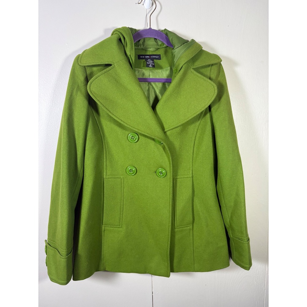 New York & Company Green Wool Blend Hooded Peacoat 4 Preppy Statement Mod 60s
